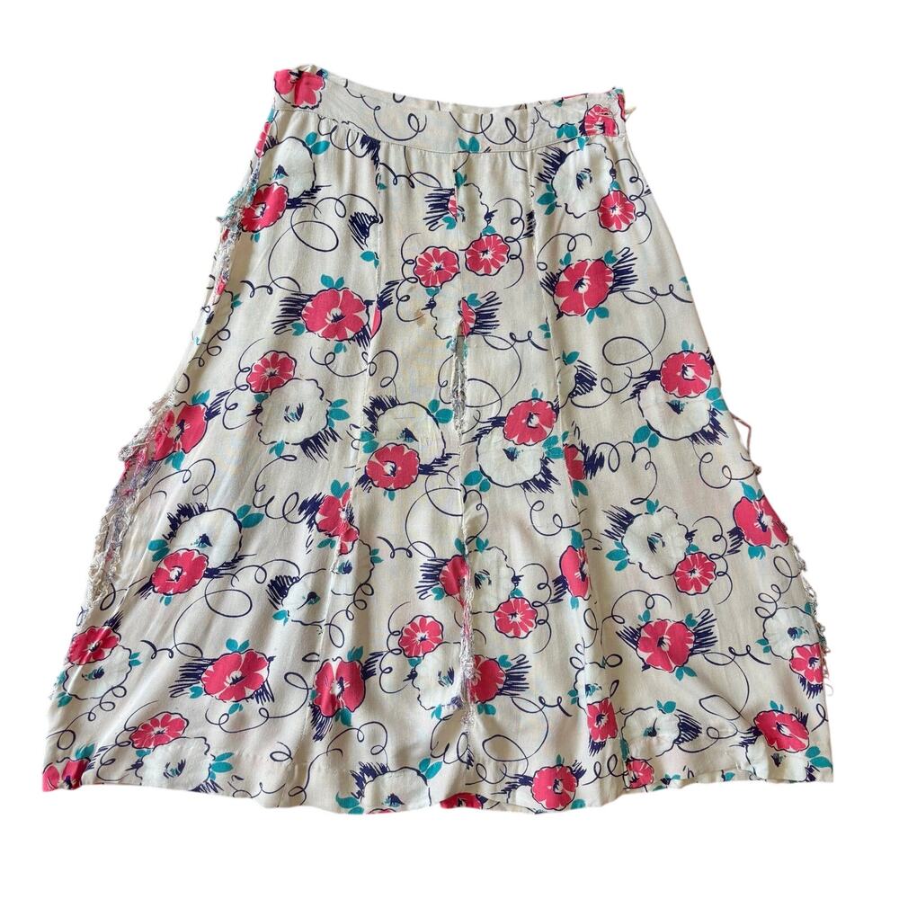 Vintage 1940s Novelty Floral Print Cotton Skirt Pink Navy Wounded Bird As Is